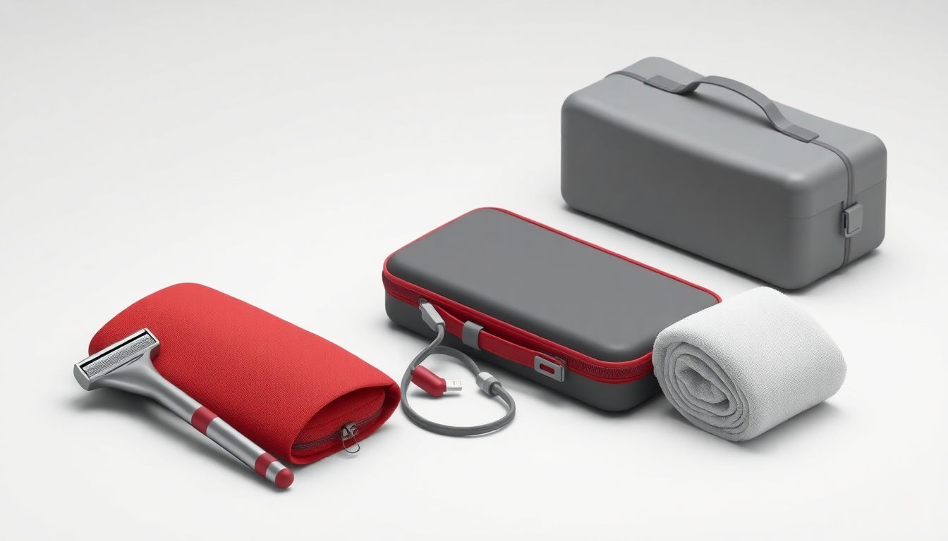 휴대용 전기면도기 여행 구성 — 손바닥 크기 메탈 면도기와 파우치, USB-C 케이블, 수건, 여행 가방을 함께 놓은 아이소메트릭 일러스트