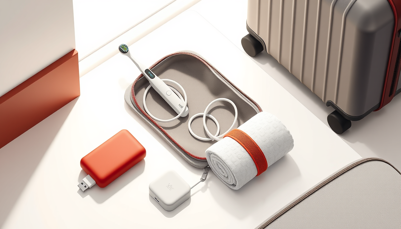 전동칫솔 여행 휴대 설명 이미지 — 호텔 세면대 위 파우치에 전동칫솔 손잡이와 USB-C 충전 케이블, 수건, 여행 가방 모서리가 함께 놓인 아이소메트릭 일러스트