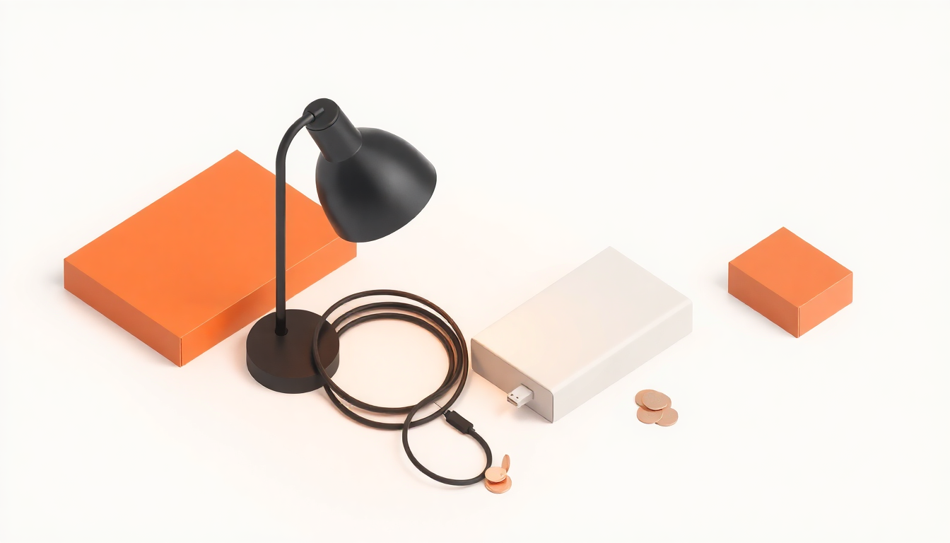 헤드랜턴 충전 구성 — USB-C 케이블과 무지 보조배터리, 택배 상자, 동전을 함께 배치해 충전식 조명 기기의 운용 방식과 직구 비용 구조를 표현한 아이소메트릭 일러스트