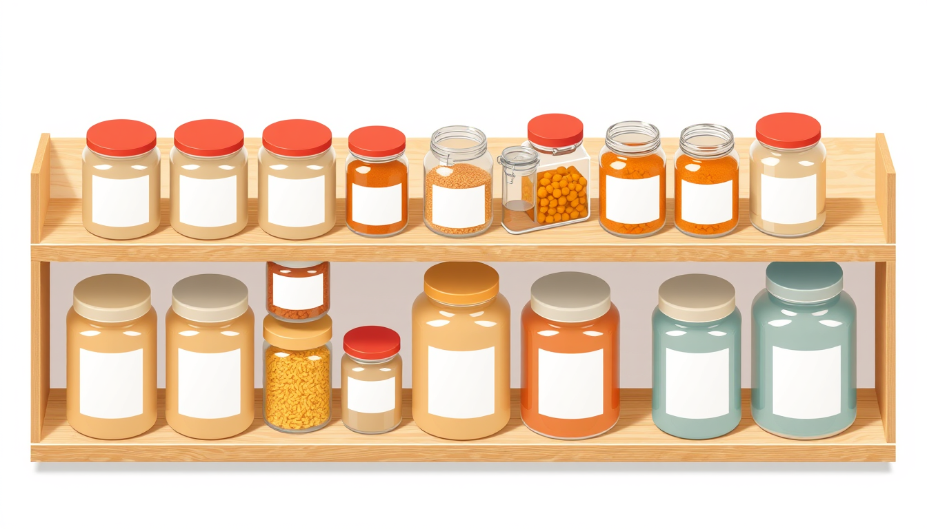 라벨 프린터 활용 예시 — 주방 선반의 유리 용기와 크라프트 수납 통에 무지 흰색 라벨을 붙여 내용물을 식별하도록 정리한 모습