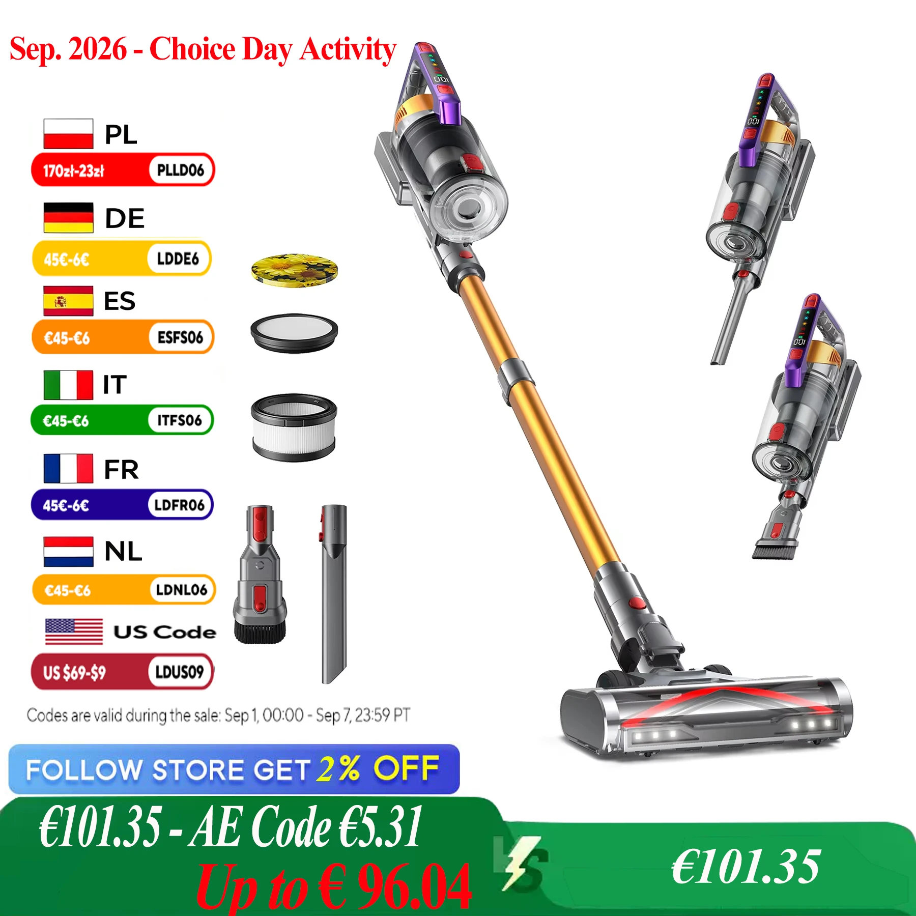 VAKERR S17 550W 무선청소기 — 배터리 탈착형 (60분 구동) — AliExpress 어필리에이트 제품 사진 (평점 4.91)